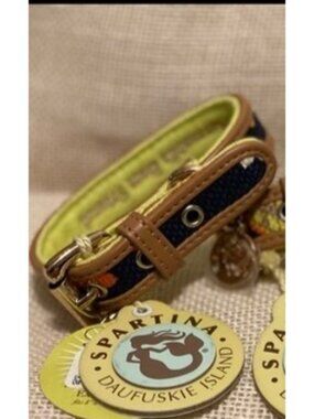 Spartina NWT Amelia navy turquoise blue floral dog collar XS linen leather 8" 10